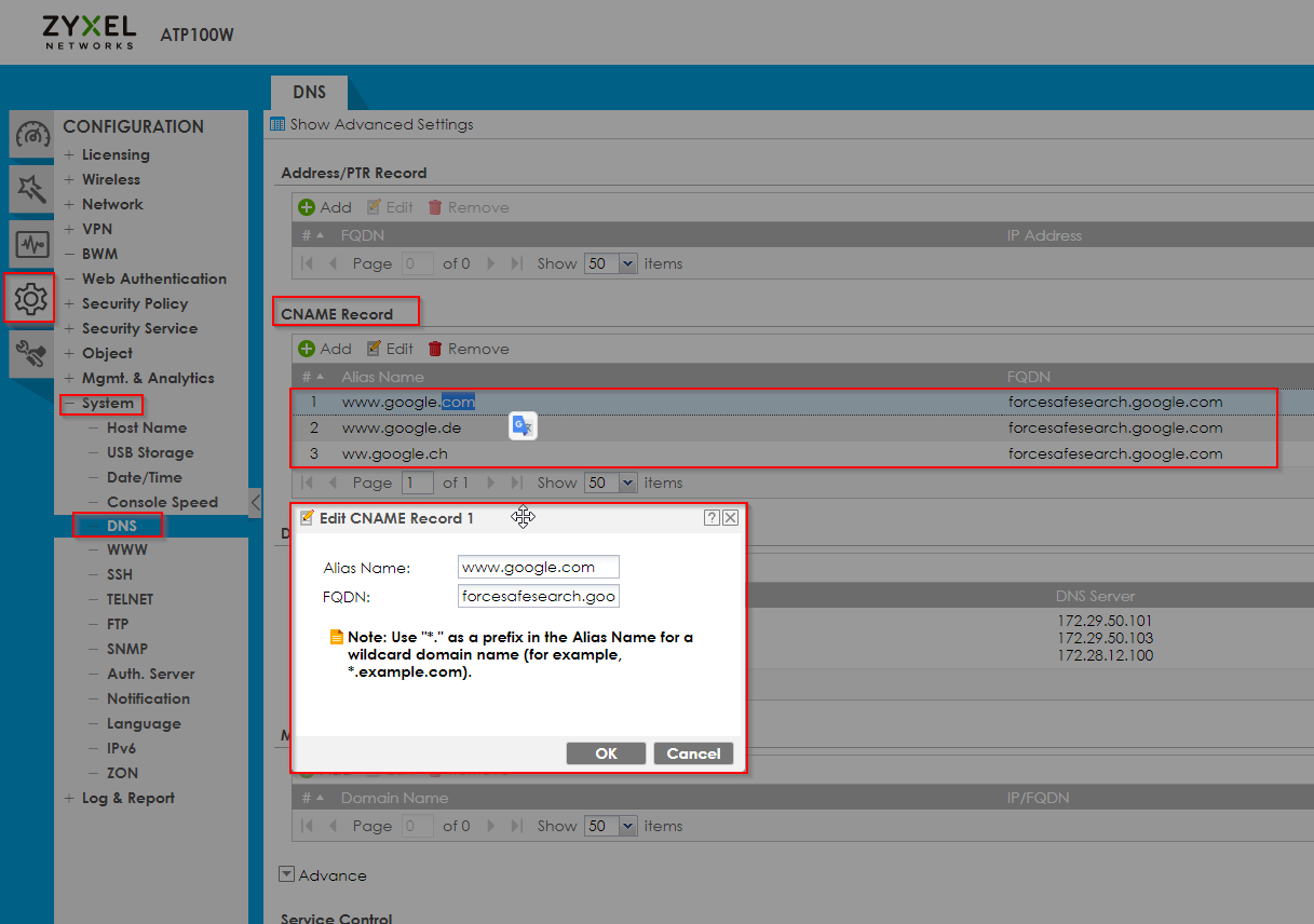 Google SafeSearch with CNAME Zyxel Support Campus EMEA