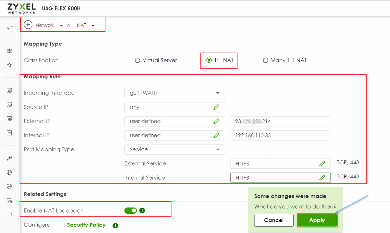 Zyxel Firewall [NAT] - как настроить NAT 1 к 1 (трансляцию сетевых адресов)  на брандмауэре Zyxel USG Flex H Series – Zyxel Support Campus EMEA