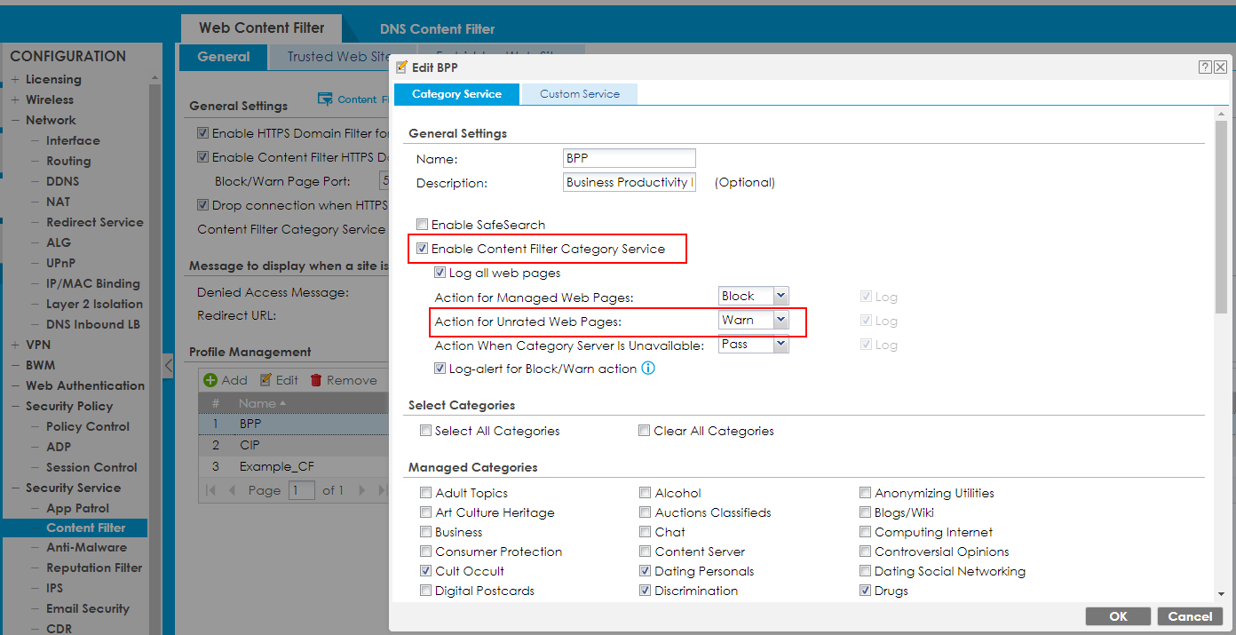 DNS content filter profile list
