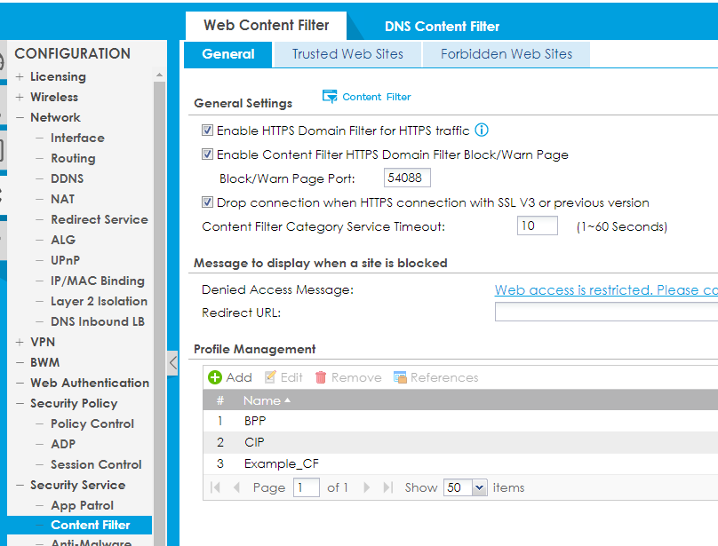 DNS content filter profile list