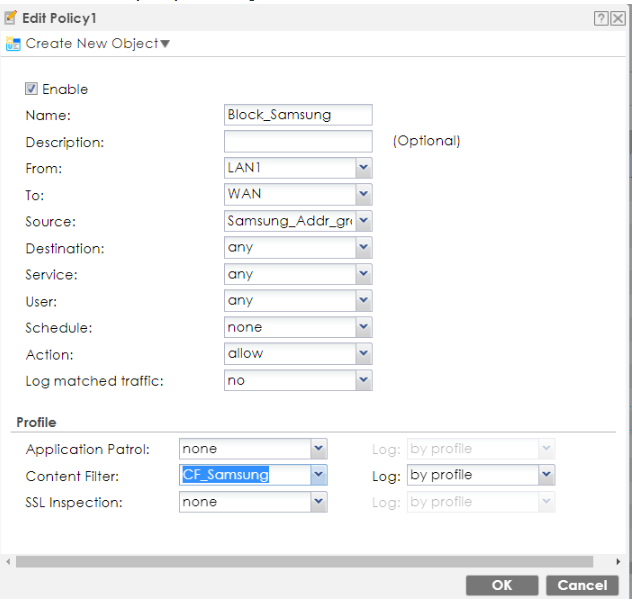 Firewall policy with content filter