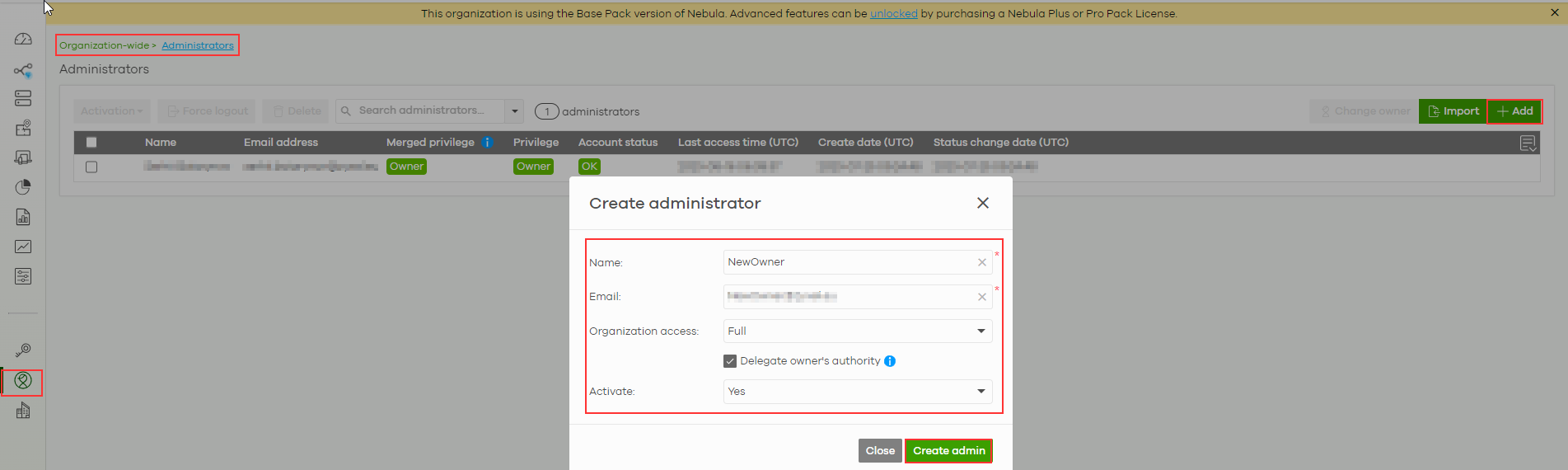 Add administrator for ownership transfer